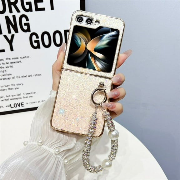 Samsung Galaxy Z Flip 5 Bling Case with Wrist Strap Glitter Sparkle Slim Shockproof Women Girls Case-Gold