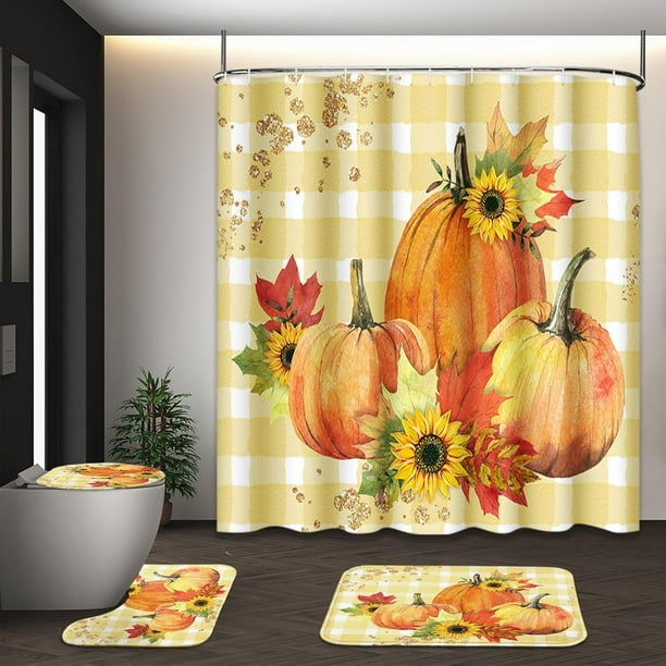 Juego de cortina de ducha con diseño de calabaza otoñal, tapa de inodoro y alfombrillas antideslizantes, 4 piezas de cortinas de ducha con hojas de arce para baño, decoración vintage de cuadros de