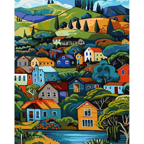 Paint by Numbers Kit for Adults Beginners, Village DIY Easy Acrylic Oil Painting by Numbers on Canvas, Paint-by-Numbers Drawing Kits for Gift Home Wall Decor Without Frame 16x20in