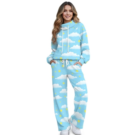 Xoenoiee Blue Cloud Star Print Women's Summer 2 Piece Loungewear Set Long Sleeve Top and Wide Leg Sweatpants Tracksuit Casual Outfits, XS