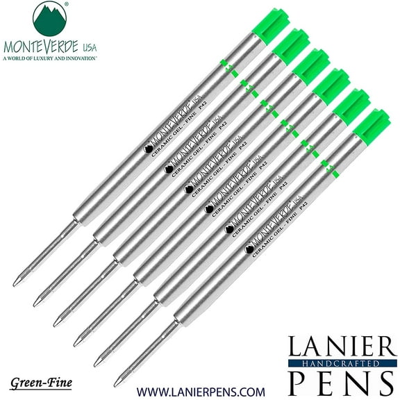 Lanier Combo Pack - 6 Pack - Monteverde Capless Ceramic Gel P42 Ink Refill Compatible with most Parker Style Ballpoint Pens - Green (Fine Tip 0.6mm)