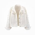 thumbnail image 3 of Zefriona Womens Cropped Denim Jacket Rhinestone Embellished Long Sleeve Casual Jean Coat White Size M, 3 of 4