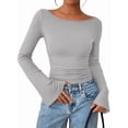 thumbnail image 2 of Women'S Long Sleeve Shirts Crop Going Out Tops Casual Boat Neck Bell Sleeve Ruched Light Gray M, 2 of 9
