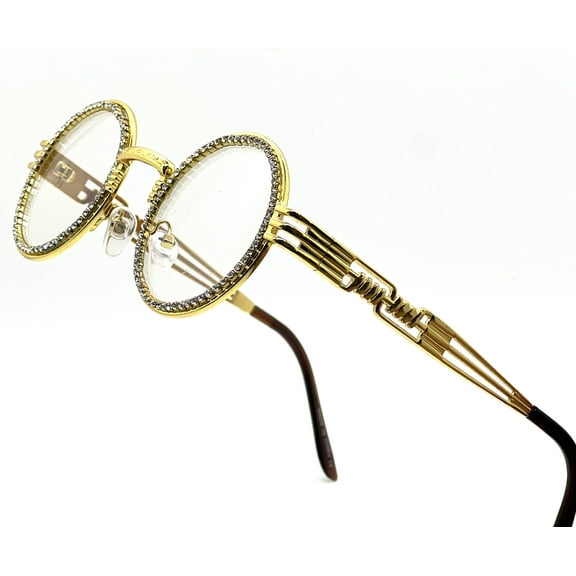 Sunglasses Men Hip Hop Shades Round Gold Metal Diamond Bling Clear