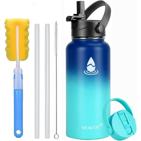 

32 oz 40 oz 64 oz Stainless Steel Water Bottle Insulated Double Wall Vacuum Leak Proof Water Flask Metal Thermo Canteen Mug —Wide Mouth with 2 Straw Lids (32 oz Cobalt/Mint)