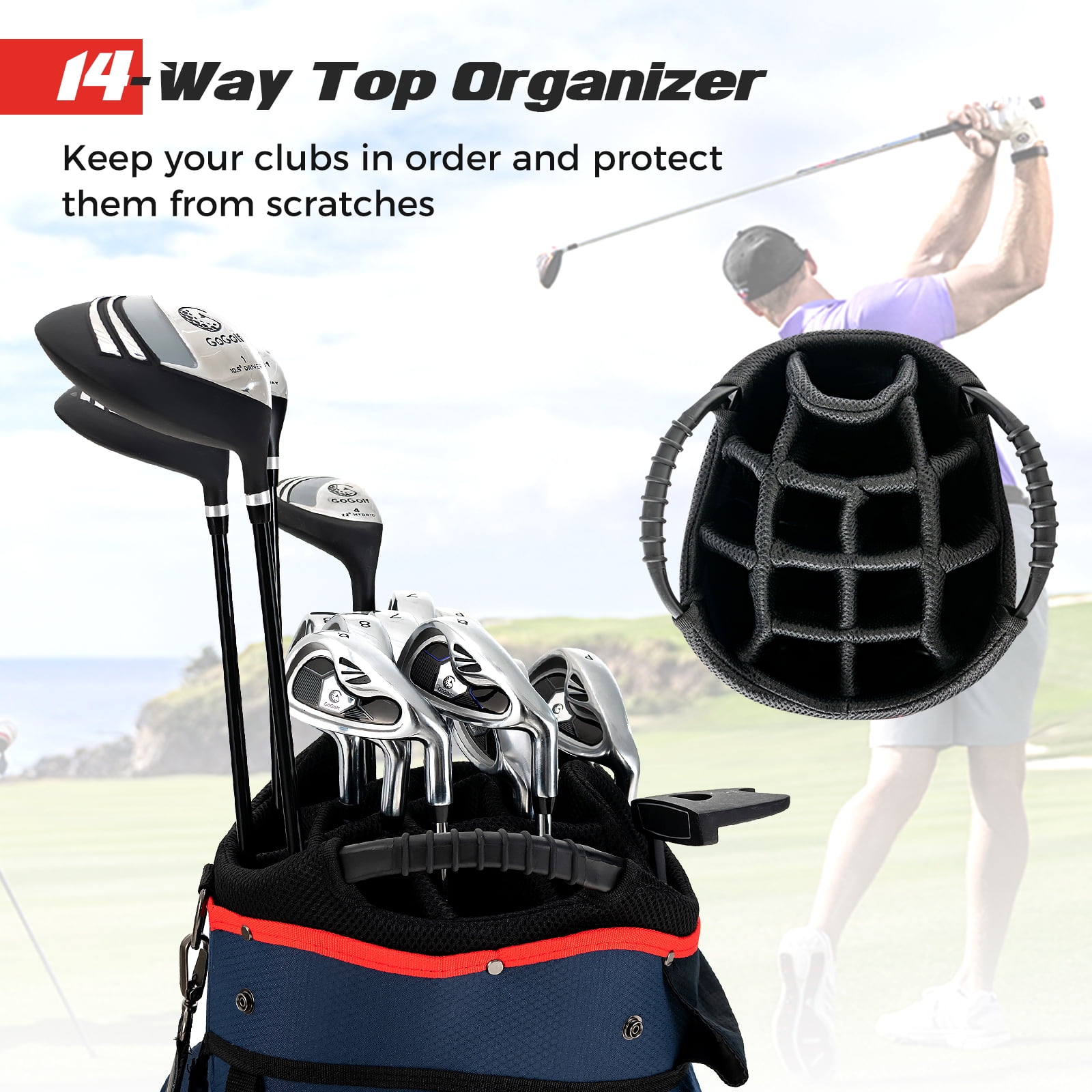 Topbuy Golf Cart Bag Lightweight Portable Golf Club Bag with 14-Way Dividers 8 Zippered Pockets Including Cooler Bag Rain Hood and Shoulder Strap for Men Women Navy