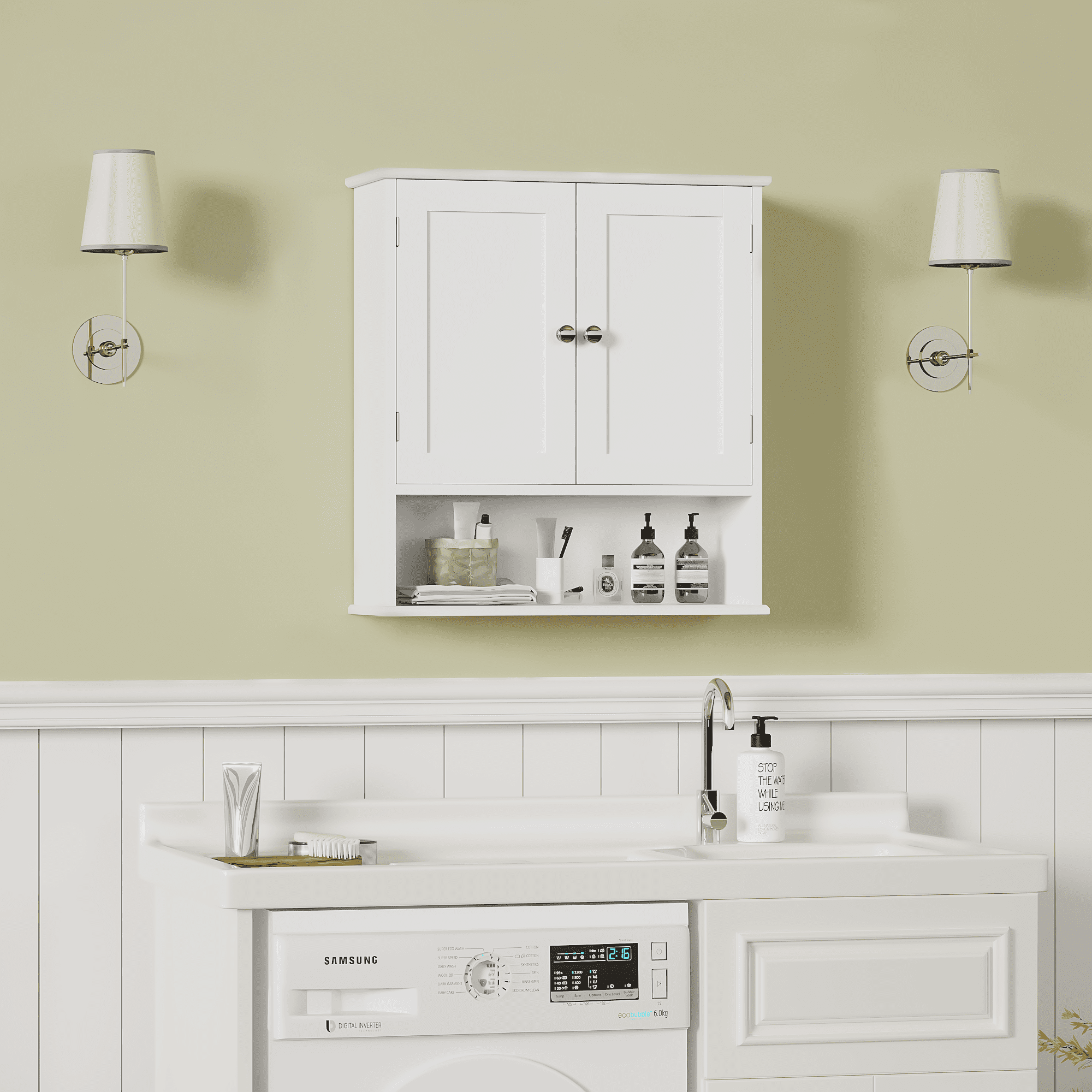White MDF Wall Mounted Bathroom Cabinet with Door and Adjustable Shelves, 3-Tier Over Toilet Storage, 23.6 x 7.9 x 25.6 in