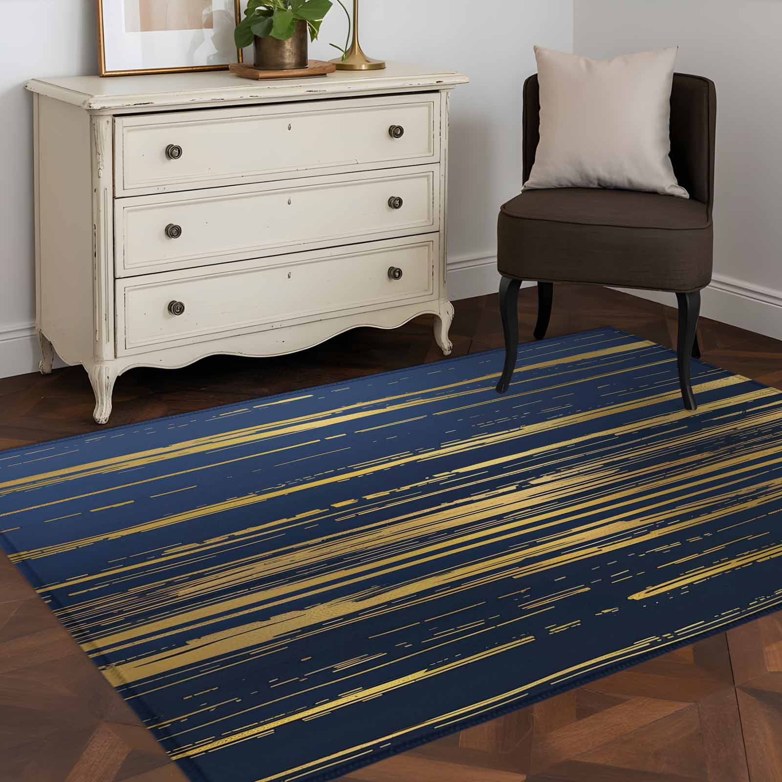 Blue Yellow Striped Area Rugs 2.7'x5', Washable Small Throw Rugs for Kitchen Bedroom, Modern Abstract Art Stripes Indoor Outdoor Rug Non-Slip Low Pile Carpet Runner Reversible Floor Mats