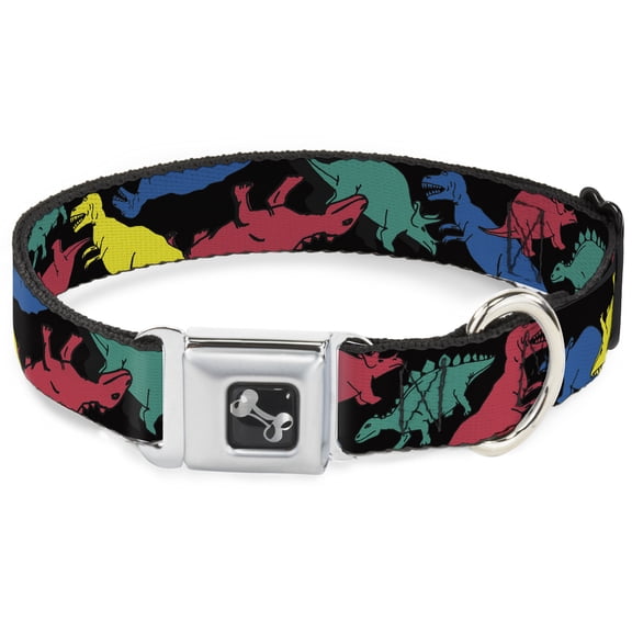 Buckle-Down Pet Collar, Dog Collar Metal Seatbelt Buckle, Dinosaurs Black Multi Color, 9.5 to 13 Inches 1.0 Inch Wide