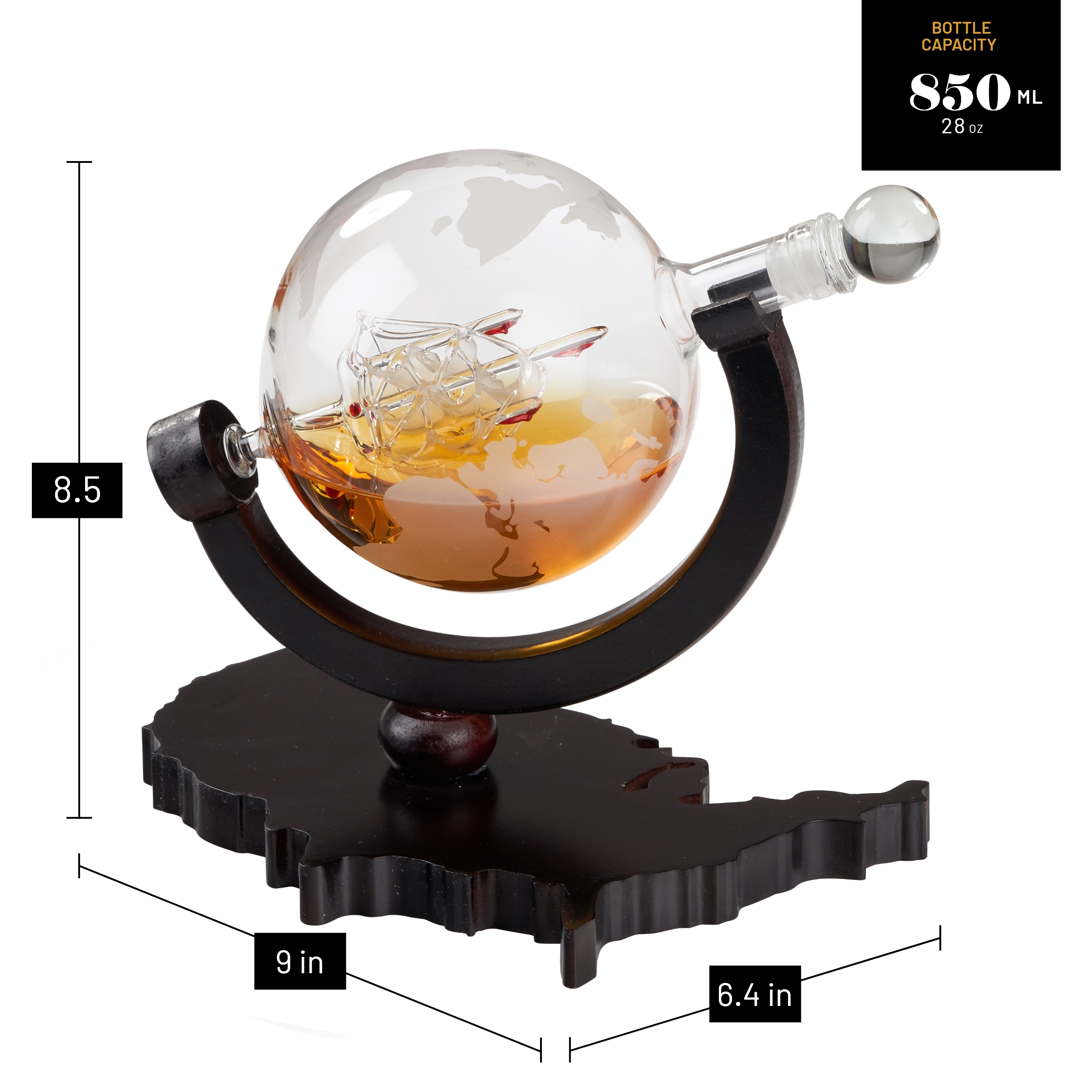 Elegant Whiskey Decanter Set - Etched Globe Design Glass Decanter on USA Map Tray - Impressive Bar Set - image 4 of 7