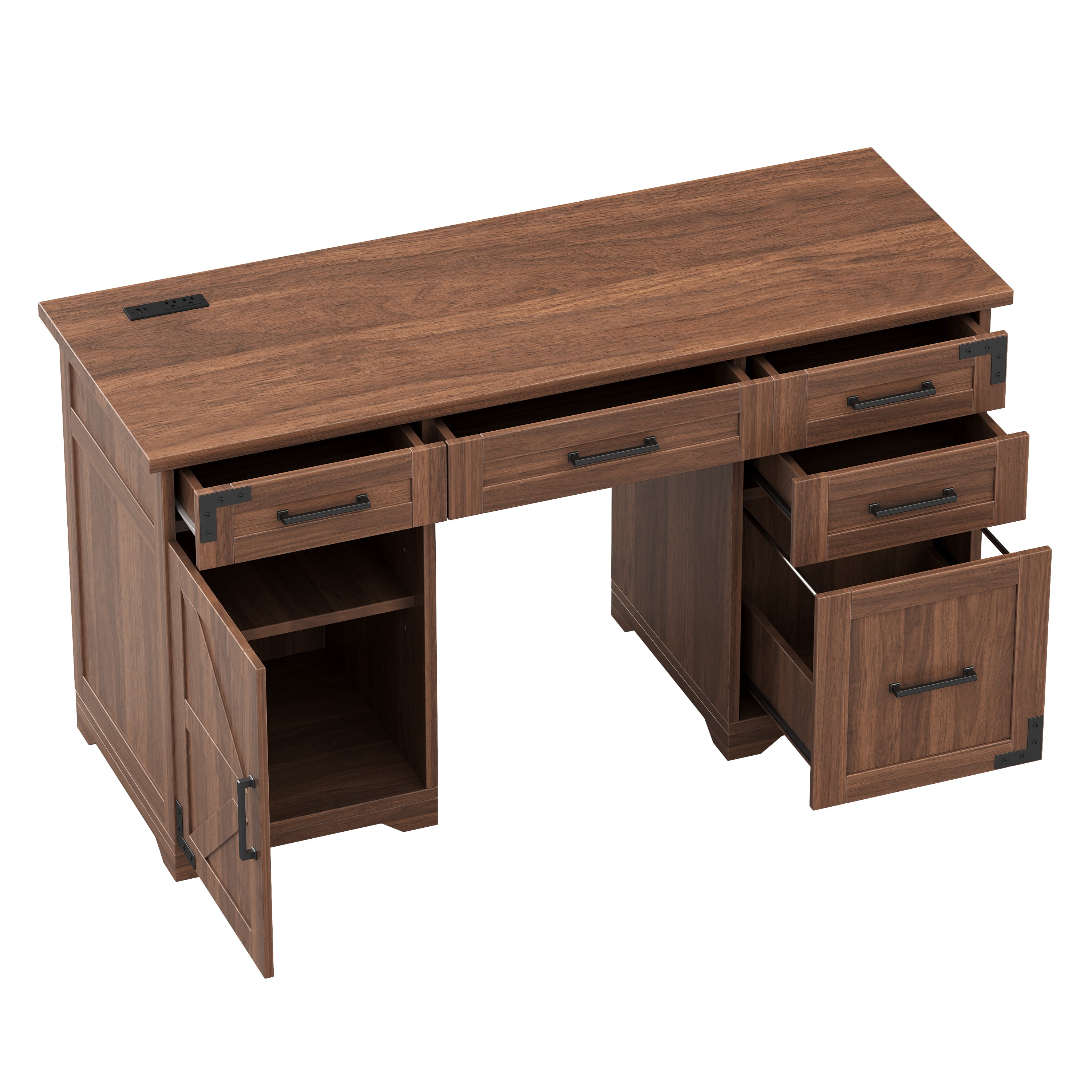 Euroco 55" Executive Desk with Charging Station & 5 Drawers, Farmhouse Computer Desk with File Drawer & Cabinet,Wooden Home Office Desk for Work Study,Walnut