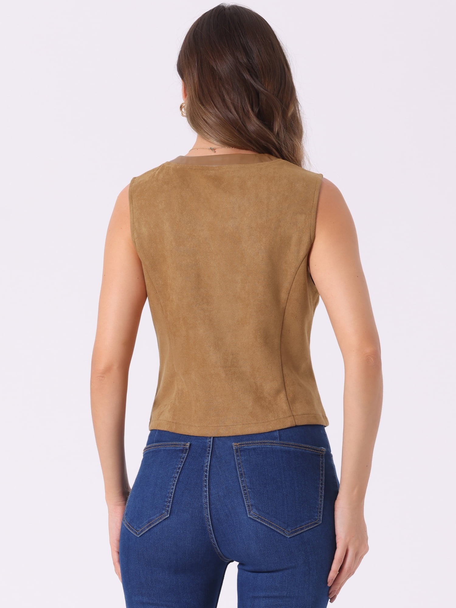 DARING DIVA Women's Vintage V Neck Faux Suede Button Down Sleeveless Jacket Vest L Light Brown
