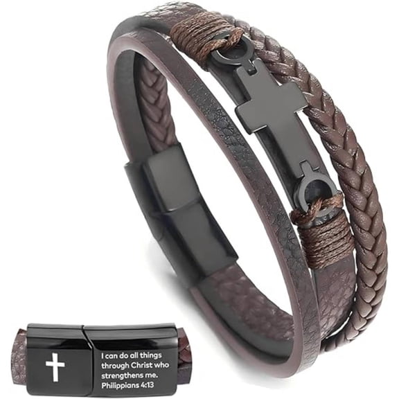 Men's Brown Multi-Layer Braided Leather Bracelet, Black Stainless Steel Cross Charm with Magnetic Clasp, Religious Faith Jewelry for Men & Teens
