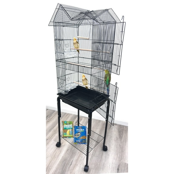 64" Large Deluxe Bird House Flight Home Rolling Stand Cage with Breeding Nest Doors For Aviaries Budgies Canaries Parakeets Cockatiels Lovebirds Finches