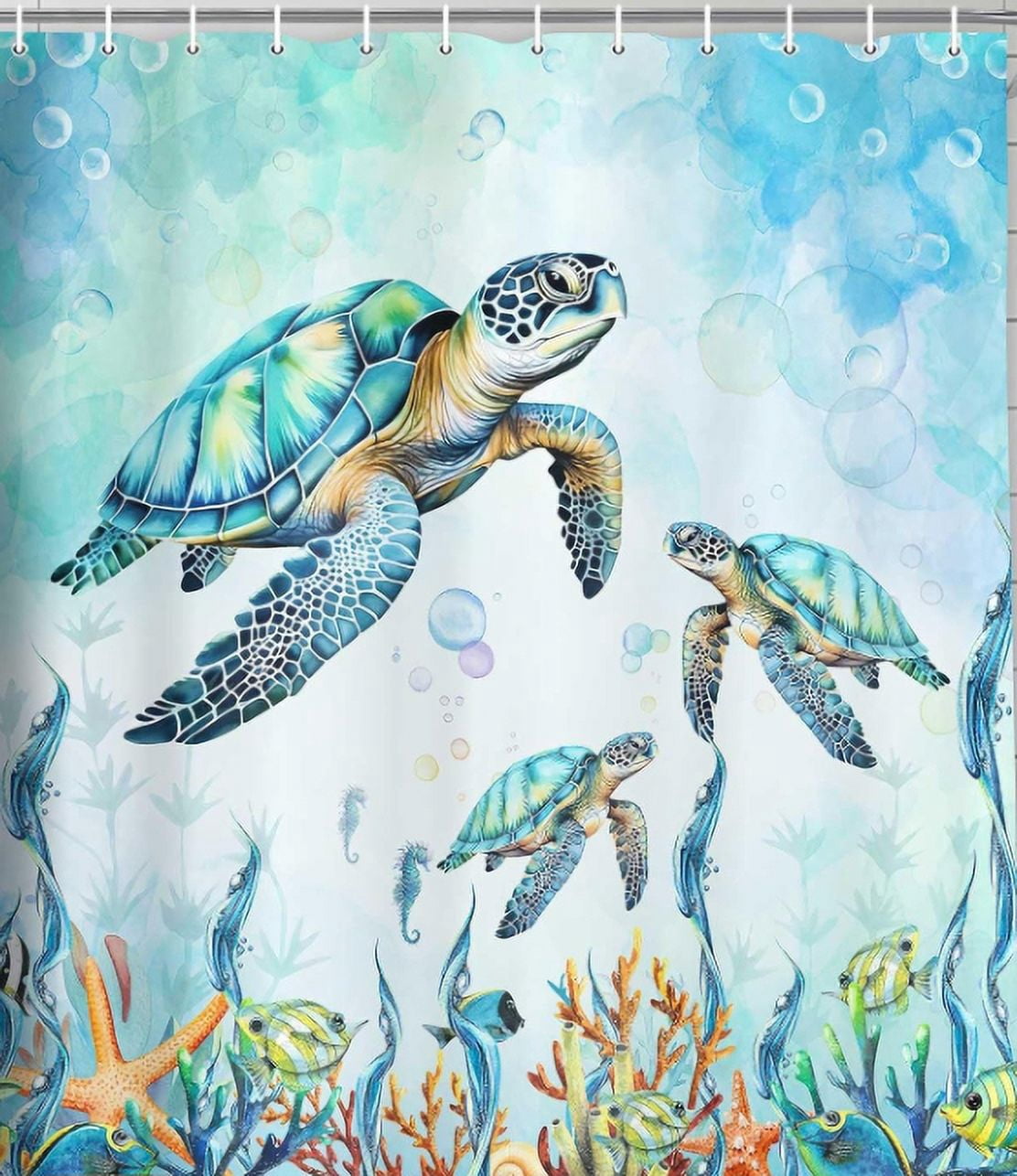 Sea Turtle Shower Curtain Coastal Beach Decoration Nautical Shower Curtains for Bathroom, Blue Ocean Teal Fabric Bath Curtains Set with 12 Hooks, 72X72in