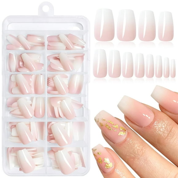144pc Ombre Press on Nails Medium Coffin Fake Nails Ombre Glue on Nails Short Acrylic Nails Press ons Fake Nail Ombre False Nail Artificial Fingernails with Glue Adhesive Tabs File