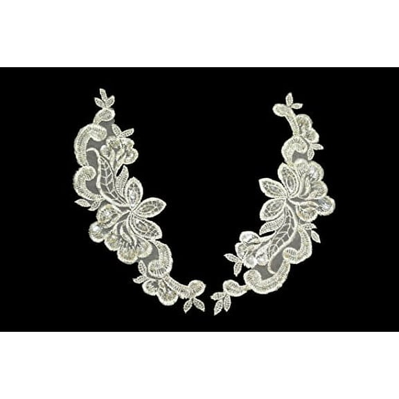 Altotux 9.5x3" Ivory Bridal Beaded Sequins Embroidered Motif Applique by 2 Pairs