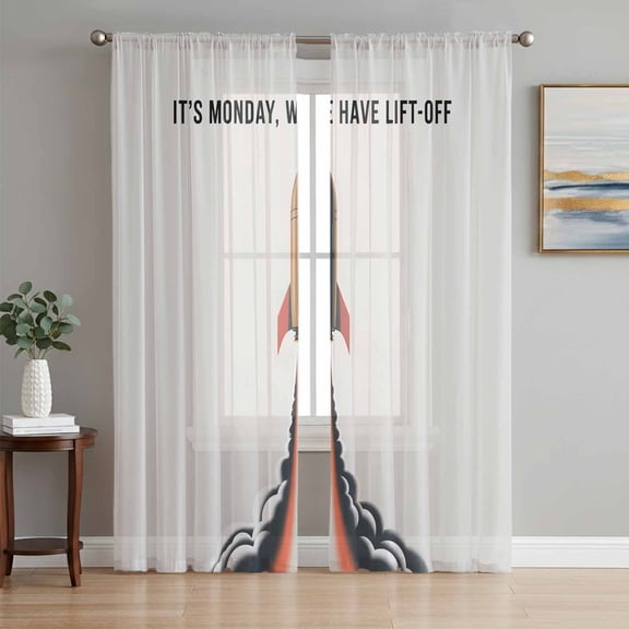 Cartoon Rockets Sheer Curtains 63 Inch Length 2 Panels Set, Letters It's Monday We Have Lift-off Voile Window Treatment Rod Pocket Curtains Sheers Drapes for Bedroom/Living Room/Kitchen 52x"63"x2