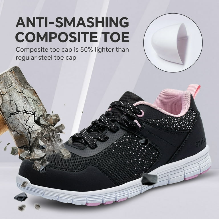 SPIEZ Women s Composite Toe Safety Shoes Slip Resistant Anti Smash Puncture Proof Work Sneakers Black Pink Size 6