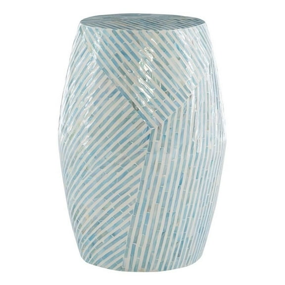 Maklaine Round Drum Table with Capiz Shell Finish in Light Blue/White