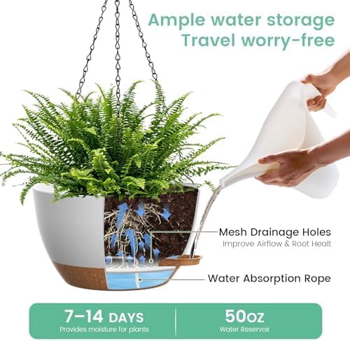 Large Self Watering Hanging Planters for Indoor Outdoor Plants, 13 Inch 2 Pack, Hanging Plant Pots with Removable 50 Oz Reservoir, Plastic Hanging Basket for Window, Porch, Garden