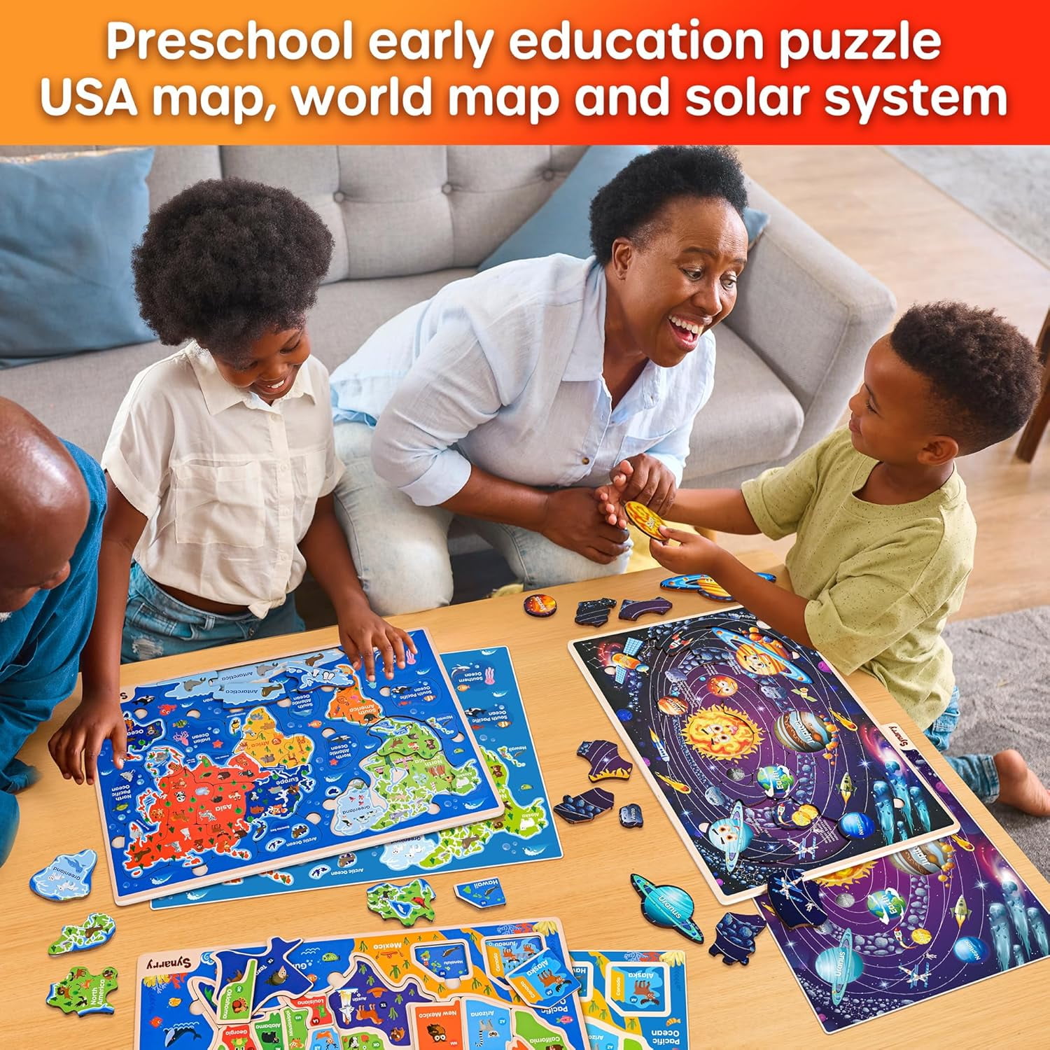 SYNARRY Wooden Puzzles for Kids Ages 3-8, USA, World Map & Solar System Jigsaw Puzzle Set, Wood Jigsaw Puzzles Educational Games Toys Gifts for Boys Girls