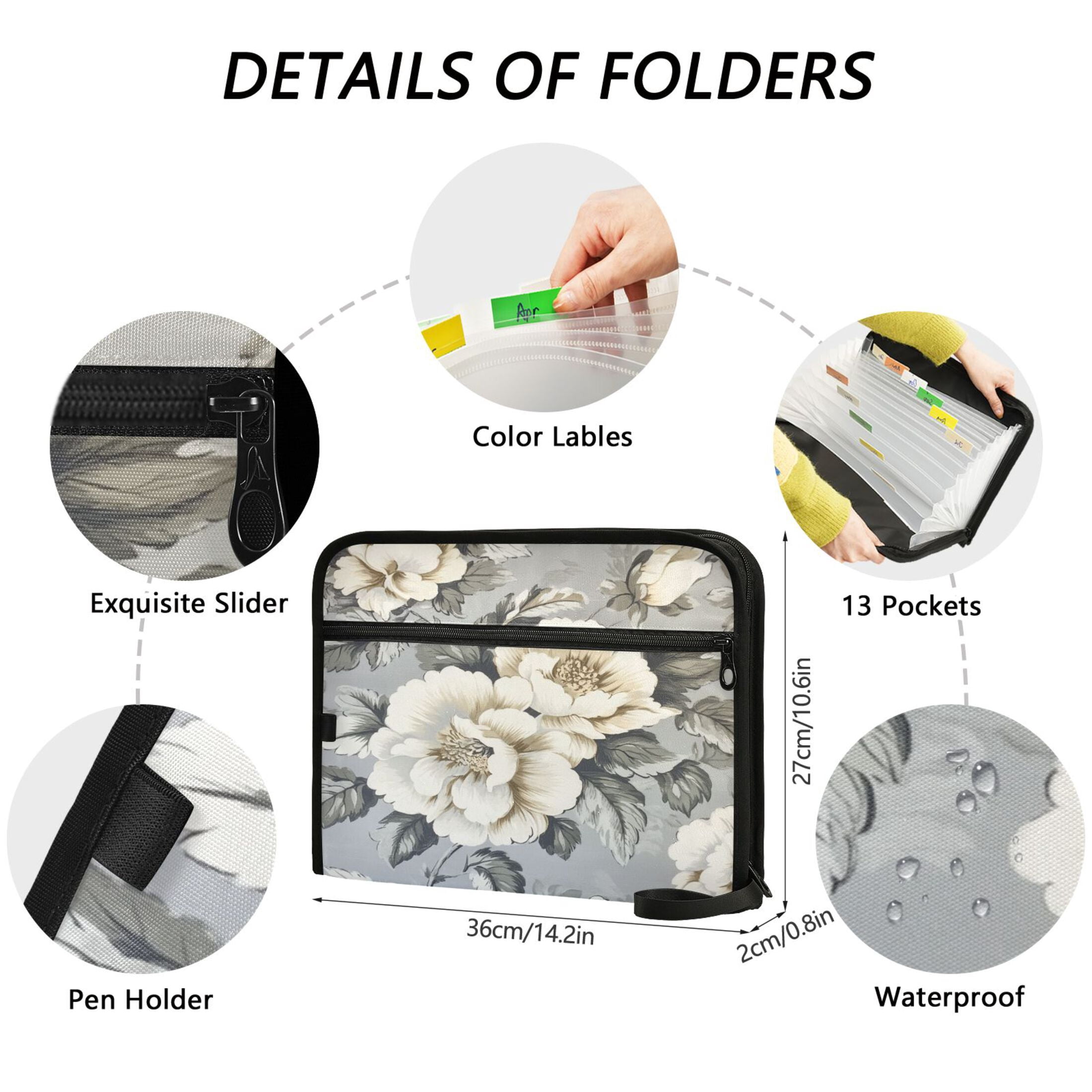 WOBOGO White Peony Pattern Expanding File Folder Letter Size Accordion Filing Organizer 13 Pocket Separate Organ Pocket