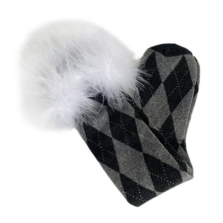 

BOOMTB Women Furry Feather Trim Knee High Socks Argyle Diamond Plaid Lolita Stockings