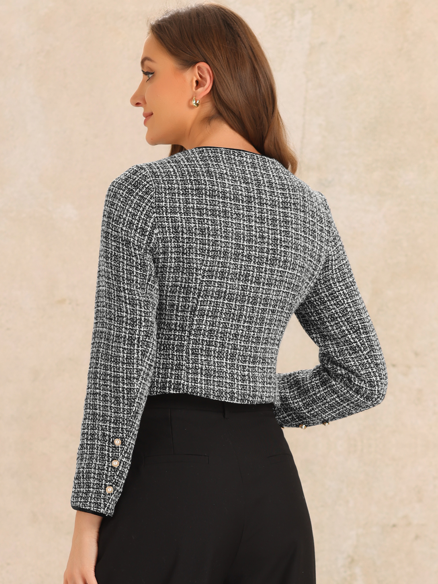 DARING DIVA Tweed Jacket Round Neck Button Front Closure Long Sleeve XS Black-White
