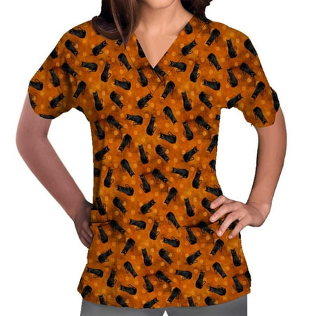 

Women s Scrubs Tops Pumpkin Cat Skull Print Short Sleeve V-neck Workwear Nurse Uniform Pockets