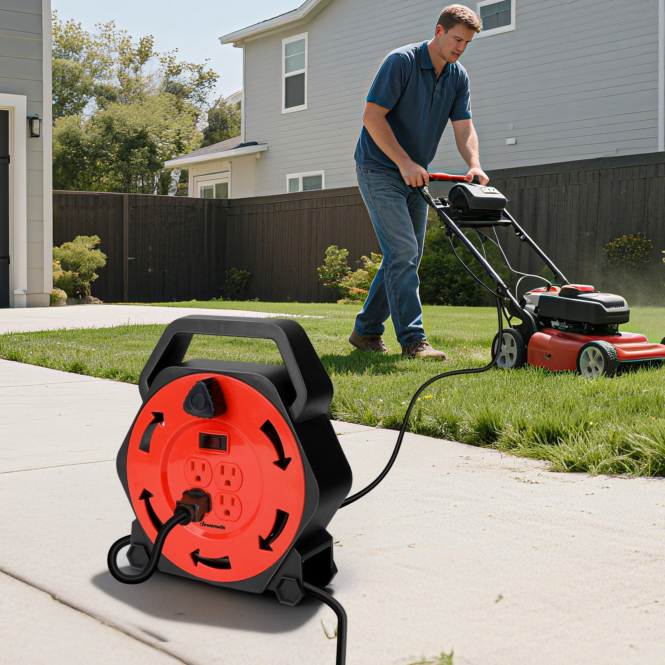 DEWENWILS Extension Cord Reel with 25 FT Power Cord, for Christmas and New Year Hand Wind Retractable, 16/3 AWG SJTW, 4 Grounded Outlets, 13 Amp Circuit Breaker,Black and Red, UL Listed