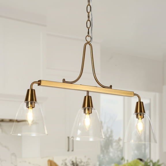 LNC 3-Light Polished Gold Modern Clear Glass Linear LED Large Hanging Pendant Light