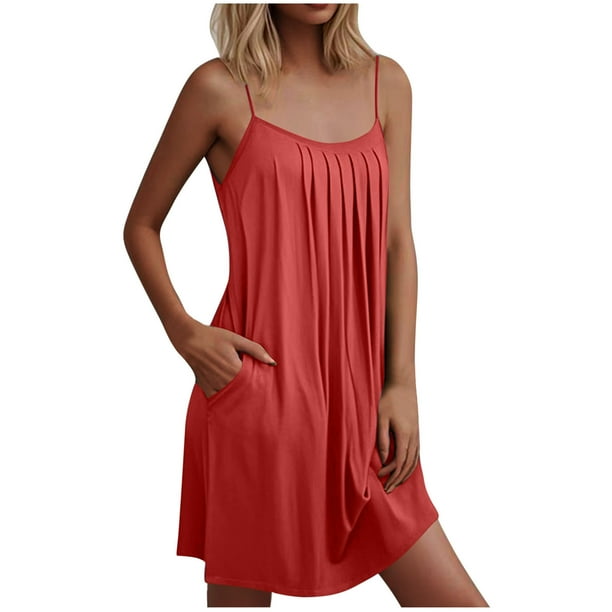 Camisón de mujer con bolsillos, sin mangas, con pliegues en la parte delantera, cuello redondo