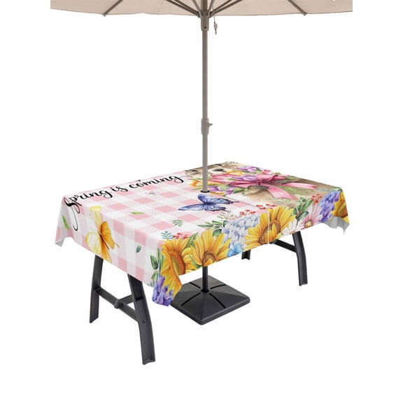 Outdoor Tablecloth with Umbrella Hole for Patio/Picnic/Party/Camping, Spring Groundhog Waterproof Table Cloth Rectangle Table Cover Washable, Watercolor Sunflower Botanical Pink Plaid (54"x 80")