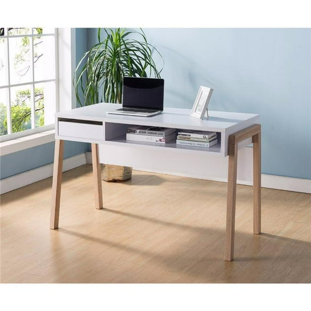Contemporary Style Desk With Open Storage Shelf 44 White Brown Com Contemporary Style Desk With Open, Desk With Storage On One Side