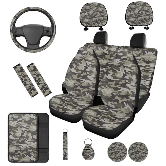 Binienty Grey Camo Car Seat Covers Full Set Front and Rear Seat Cover Set with 15 Inch Steering Wheel Cover Headrest Covers Seatbelt Pads Armrest Cushion Pad Keychain Car Interior Decor