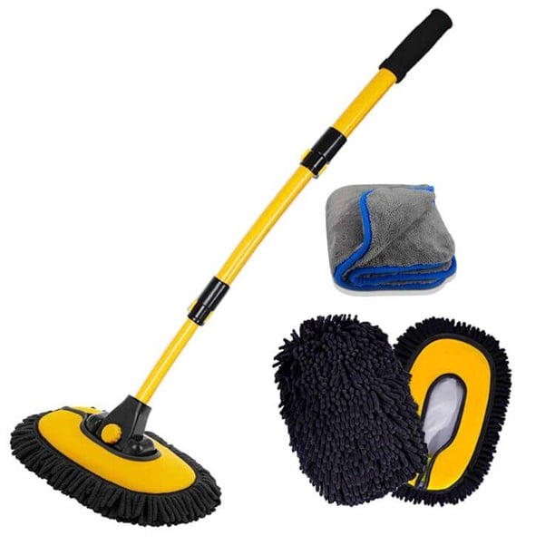 BMLEI Cepillo de Lavado de Autos con Mango Largo Toallas de Microfibra Kit de Lavado de Autos Suministros de Limpieza Manopla de fregona para Lavado de Autos con 2 Cabezales de Repuesto
