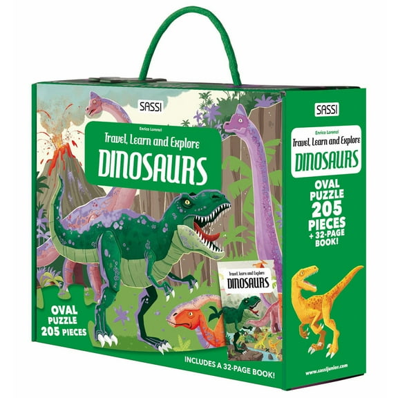 Sassi: Travel, Learn & Explore - Dinosaurs - 205pc Puzzle & 32-Page Book, Jurassic Educational Set, Fossil Structures & Paleontology Facts, Kids 6
