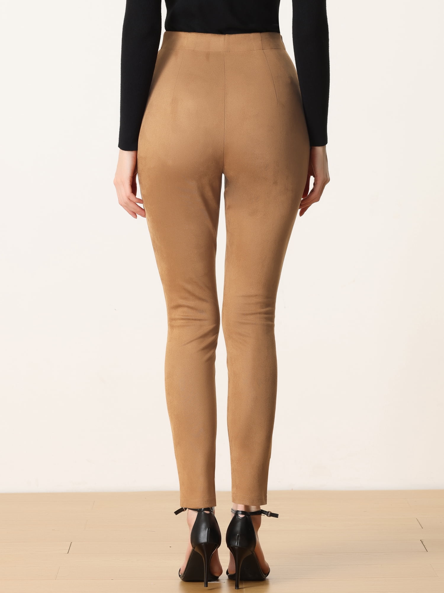 Unique Bargains Womens' Velvet Elastic Waist Side Zipper Narrow Leg Skinny Casual Pants L Brown