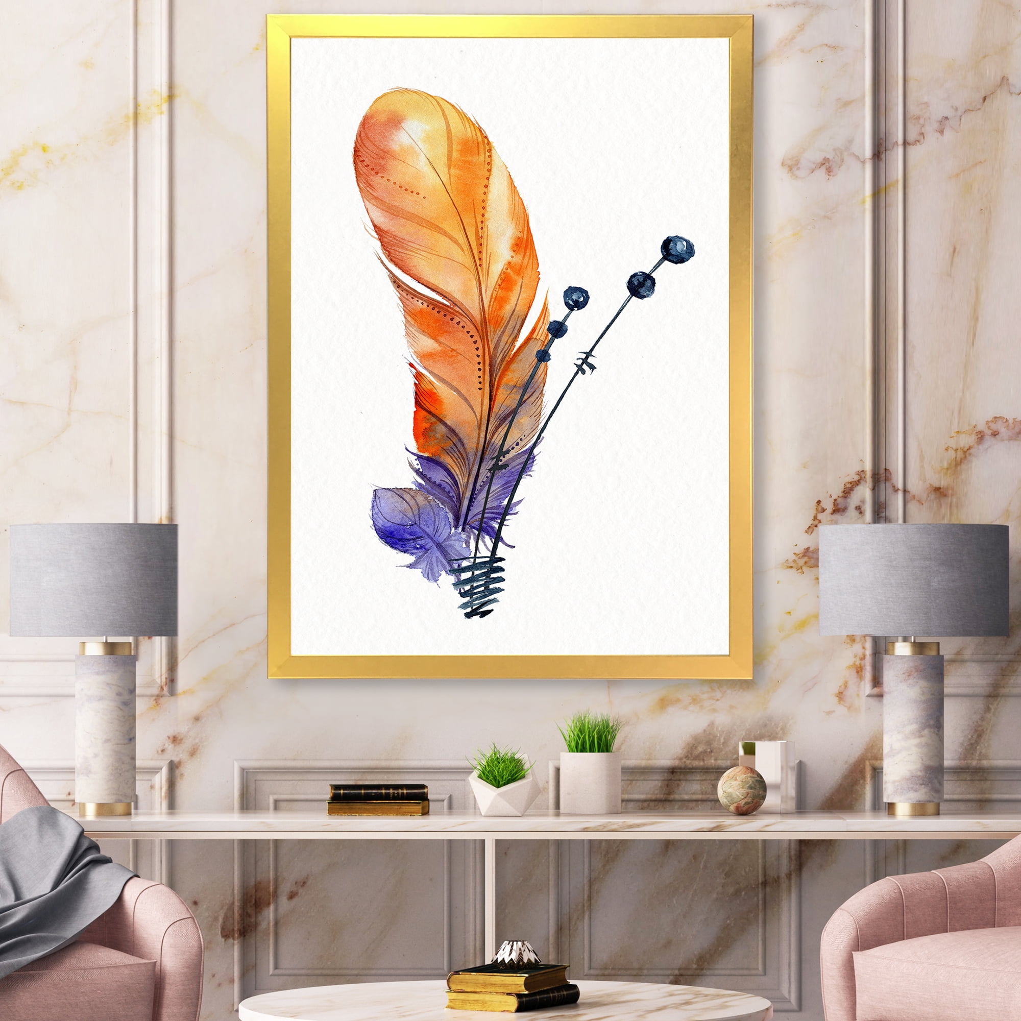 Designart 'Ethnic Orange Animal Feather Composition' Bohemian & Eclectic Framed Art Print