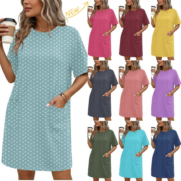 Taqqpue Women Sunner Dress Casual Crewneck Plus Size Dress Loose Fit Knee Length Midi Dress Beach Vacation Sundress for Women