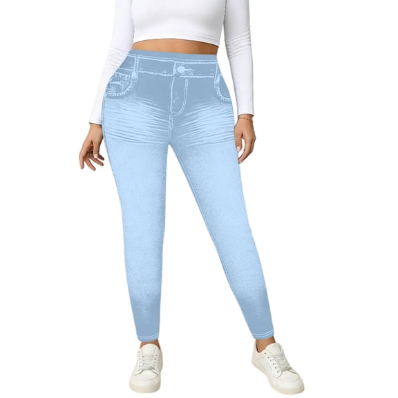 Pull On Stretchy Fake Jeans for Women High Waisted Denim Printed Pants Trendy Skinny Jeggings with Pockets