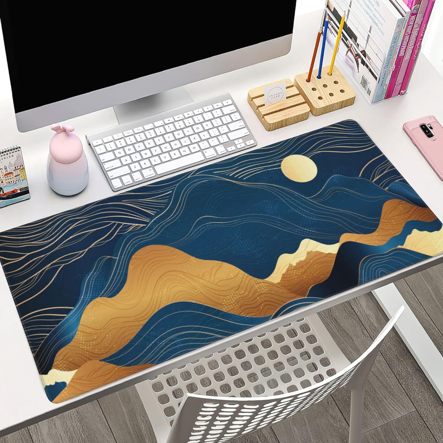 Desk Pad, Night Moon and Golden Mountains Extended Large Gaming Mouse Pad for Desk XXL, Large Desk Mat for Desktop with Non-Slip Rubber Base Stitched Edges for Home Office Desk 35.4"X15.7"