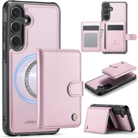 JEEHOOD Case For Samsung Galaxy A25 5G, RFID Blocking Compatible With MagSafe Detachable 2 In 1 Wallet With Snap fastening Card Holder,PU Leather Case,Kickstand Magnetic Protective Cover,Pink