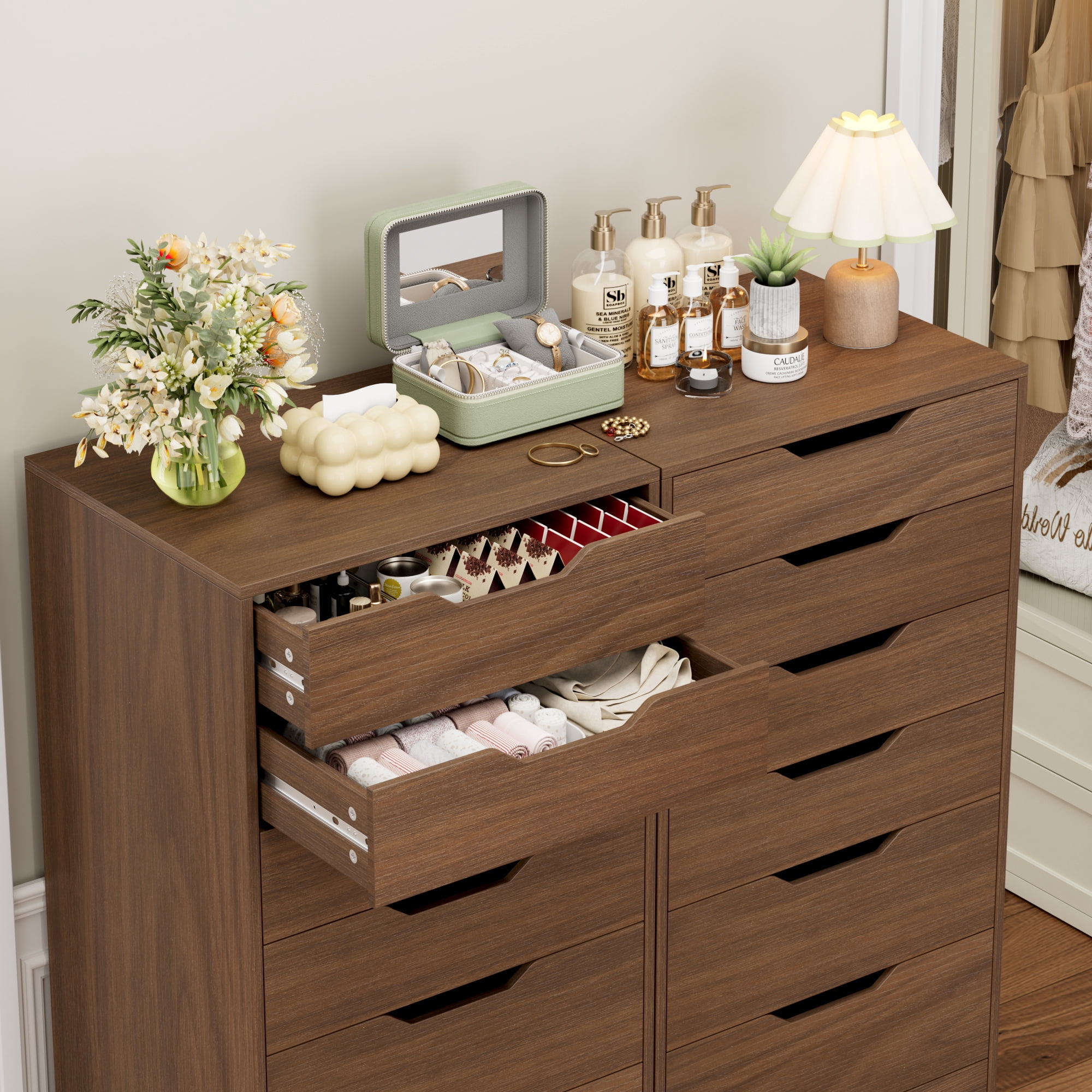 Homfa Compact 8 Drawer Bedroom Dresser for Small Spaces, Wood Tall Chest of Drawer, Walnut
