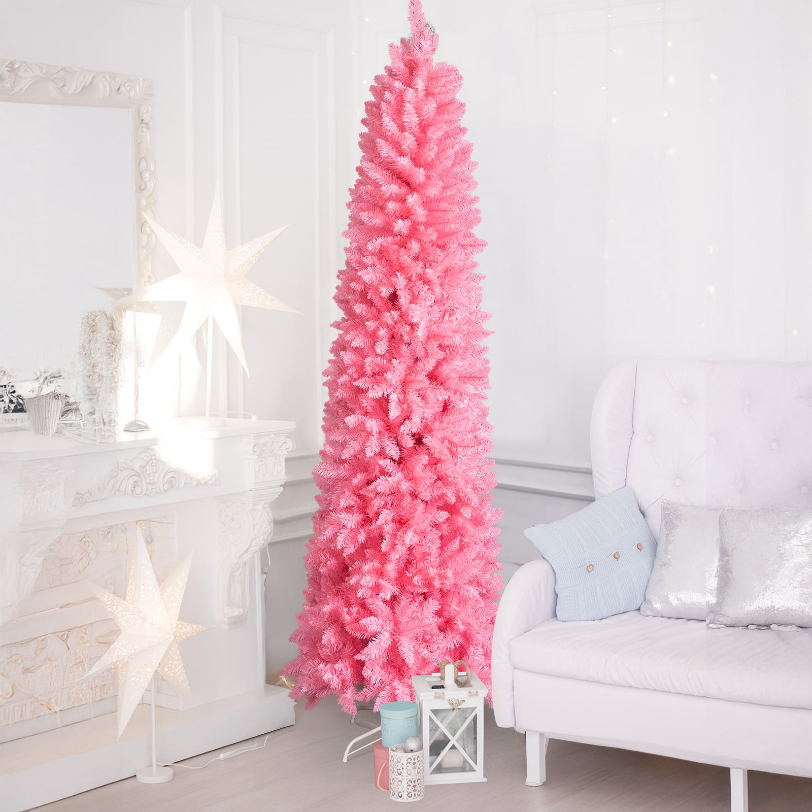 Astoutdoor 7.5 ft Hinged Artificial Pencil Christmas Tree, Snowy Pink, 1075 Branch Tips, Unlit, with Sturdy Stand