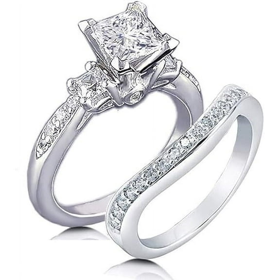 Rag Jewels 2.35 Ct Princess Cut White Diamond Engagement Wedding Thanksgiving Christmas Bridal Ring Set 14K White Gold Plated 925 Sterling Silver For Women's -5