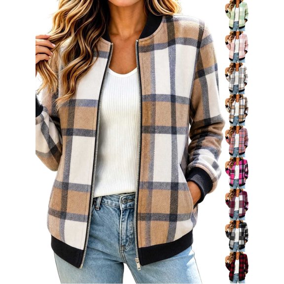 Fall Jackets Women Dqueduo Women's Winter Coat, Plaid Zip Up Coat with Pockets, Long Sleeve Casual Coat