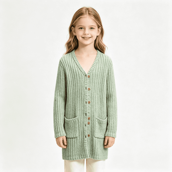 BXJX Girls Cardigan Sweaters, Mid-length Knitted Button Down Long Sleeve Fall Cardigans with Pockets Green Size 10-12 T
