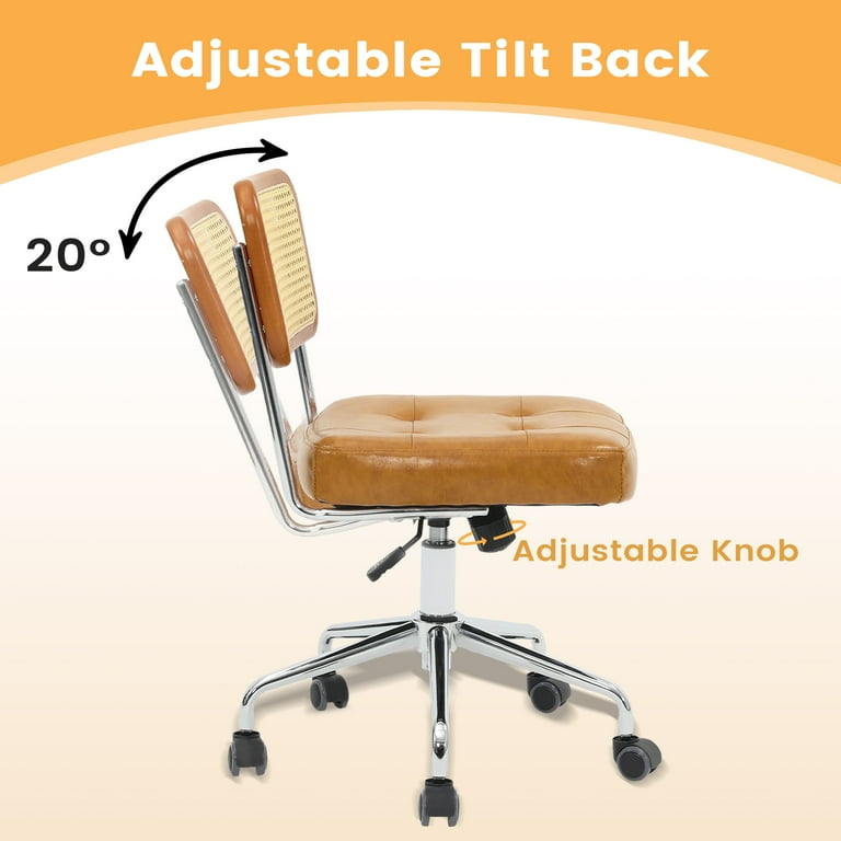 LOGYAT Modern Tiltable Rattan Desk Chairs with Wheels, 360° Swivel